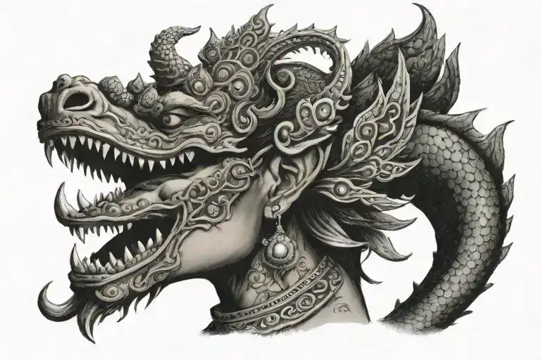 Cambodian naga with apsara crown and jewelry tattoo design idea