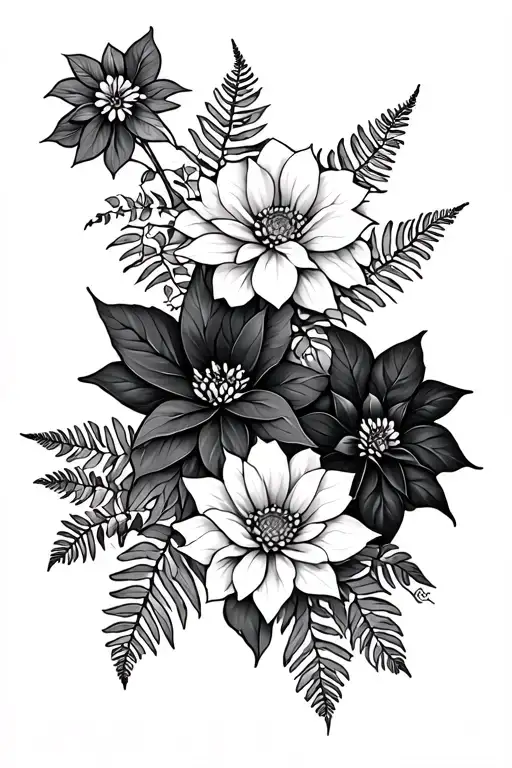 spine tattoo with 1 chrysanthemum, 2 poinsettias, 1 carnation, all connected connected by an aya fern tattoo design idea