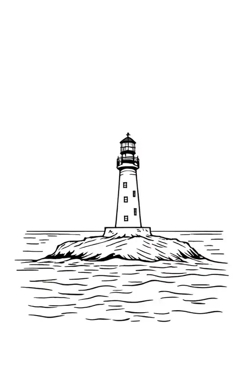 A drawing a linear, simple, and minimalist of a illuminated lighthouse on a peninsula with a raging sea.For small tattoo tattoo design idea