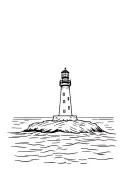 A drawing a linear, simple, and minimalist of a illuminated lighthouse on a peninsula with a raging sea.For small tattoo tattoo design idea