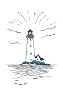 A drawing a linear, simple, and minimalist of a illuminated lighthouse on a peninsula with a raging sea.For small tattoo tattoo design idea