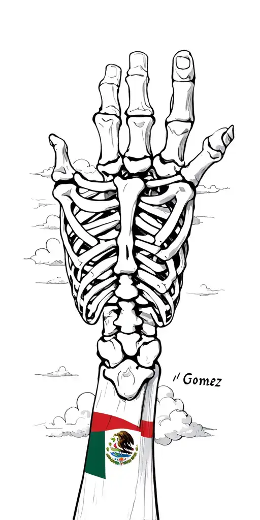 "Gomez" skeleton arm, Mexico flag , cloud background tattoo design idea