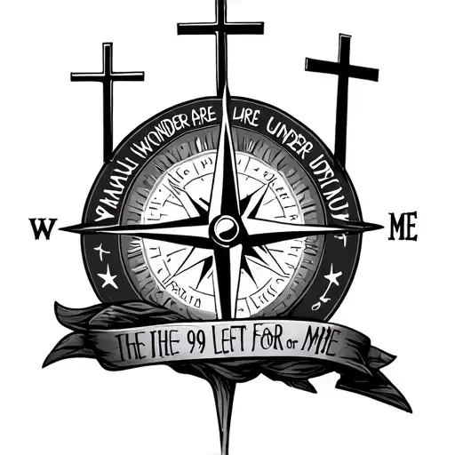 3 CROSSES ON A HILL ABOVE A COMPASS  WITH THE WORDS NOT ALL WHO WONDER ARE LOST UNDER , THEN HE LEFT THE 99 FOR ME tattoo design idea