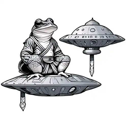 Frog in traditional ninja attire sitting on a UFO tattoo design idea
