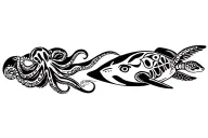 polynesia tribal tattoo featuring ocean elements and animals including an octopus, an angel shark, turtles tattoo design idea