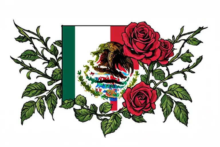 Mexico flag and roses growing tattoo design idea