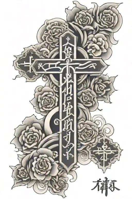 cross japanese writing put your trust in god tattoo design idea