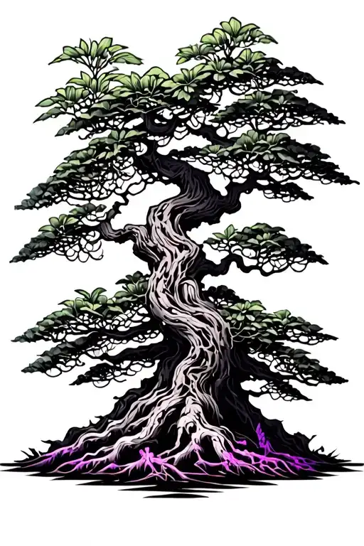A tattoo design of a bonzai tree intertwined with plants and neon accents tattoo design idea
