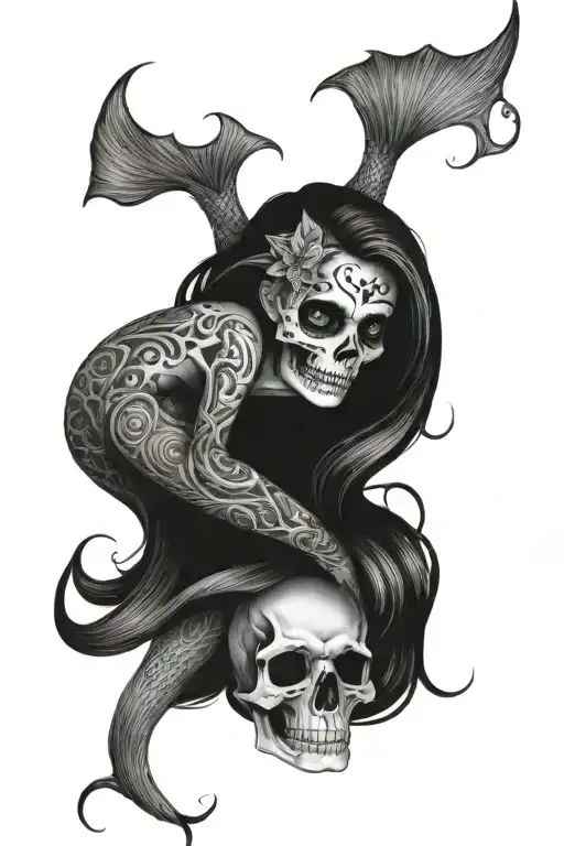 mermaid half skeleton tattoo design idea