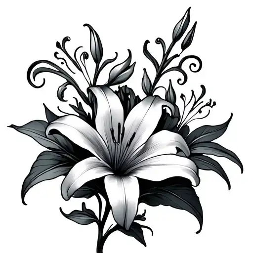 lily flower with petals and viney swirls coupled tattoo design idea