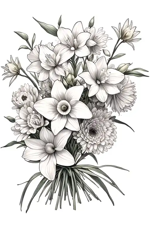 bouquet of Daffodil, lilly, marigold, chrysanthemum, narcissus flowers tattoo design idea