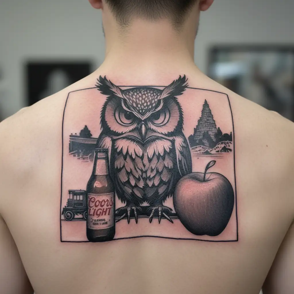 an owl, a coors light bottle, a train, and an apple tattoo design idea