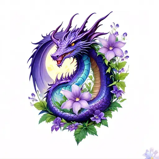 dragon with violet and primrose flowers and moonlight with amethyst and aquarius  tattoo design idea