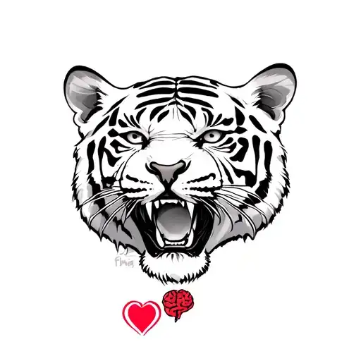 realistic tiger with angry face and a scale with an heart and  brain tattoo design idea