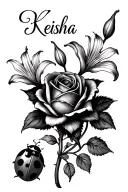 roses, lily's, one lady bug and the name Keisha tattoo design idea
