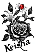 roses, lily's, one lady bug and the name Keisha tattoo design idea
