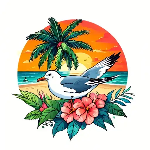 PALM TREE seagulls FLOWERS AND SUNSET WITH SAND DUNES tattoo design idea