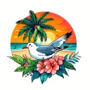 PALM TREE seagulls FLOWERS AND SUNSET WITH SAND DUNES tattoo design idea