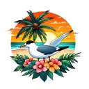 PALM TREE seagulls FLOWERS AND SUNSET WITH SAND DUNES tattoo design idea