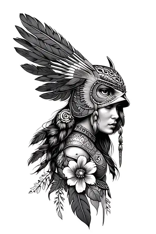warrior woman with owl helmet in Indian feather and flowers tattoo design idea