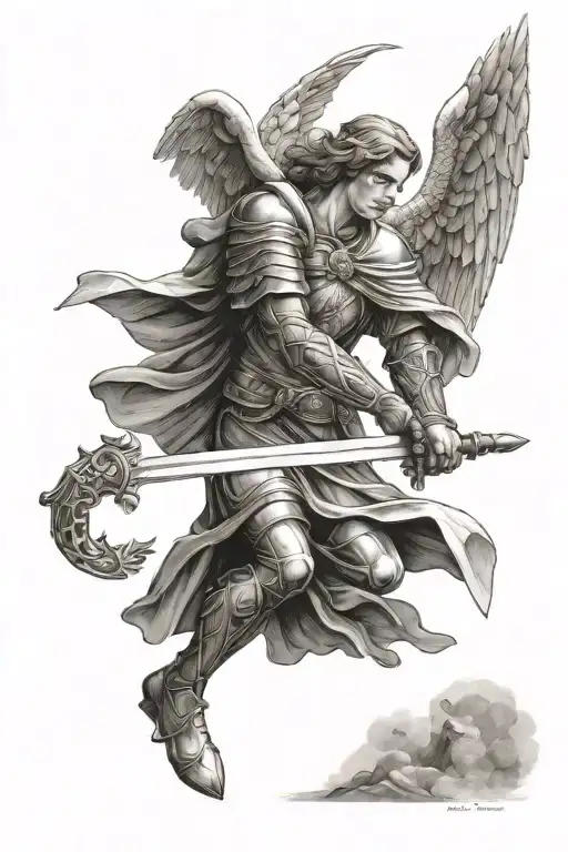 Archangel Gabriel fighting with a sword tattoo design idea