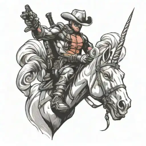 deadpool with cowboy hat on a unicorn tattoo design idea