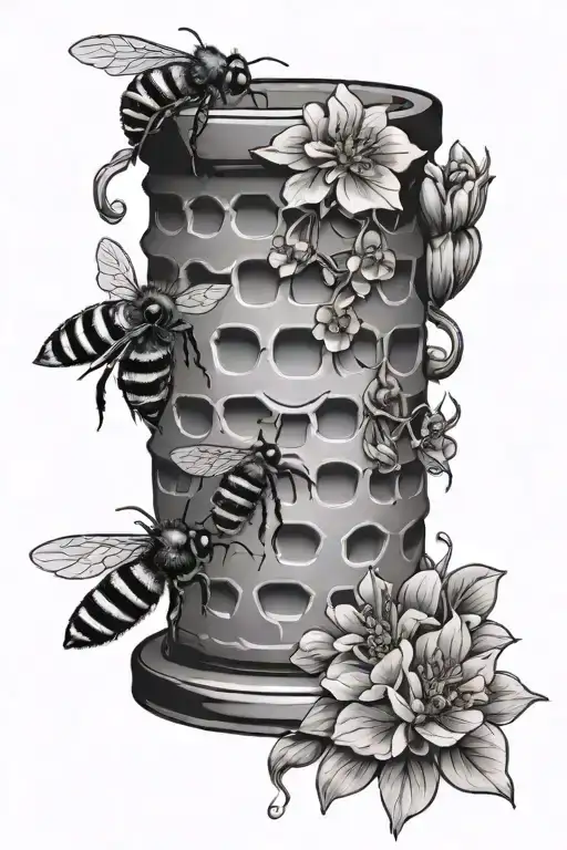 bee hive, flowers surrounding,bee, honey jar honey comb tattoo design idea