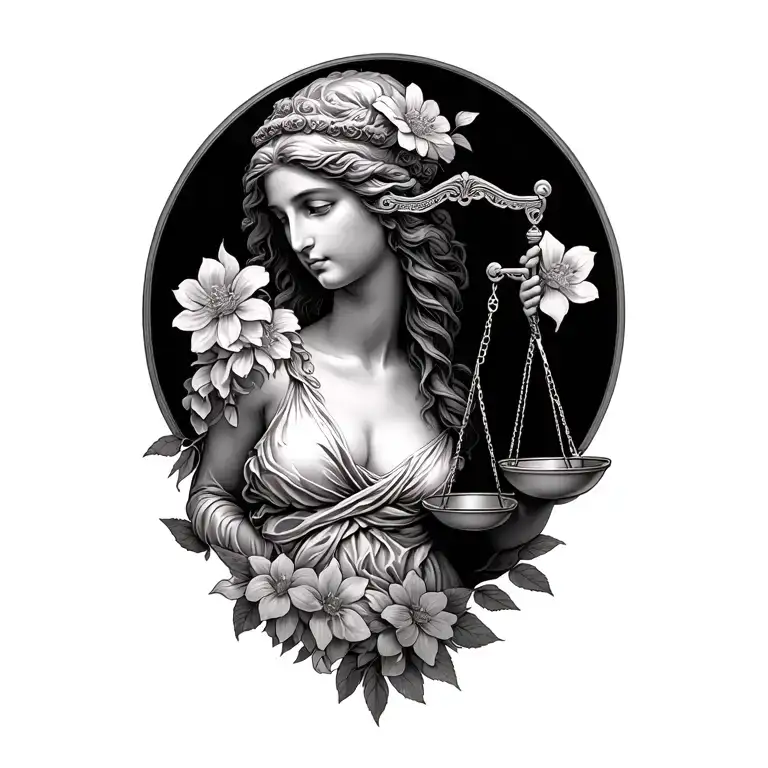Aphrodite holding Libra scale with flowers intertwined tattoo design idea