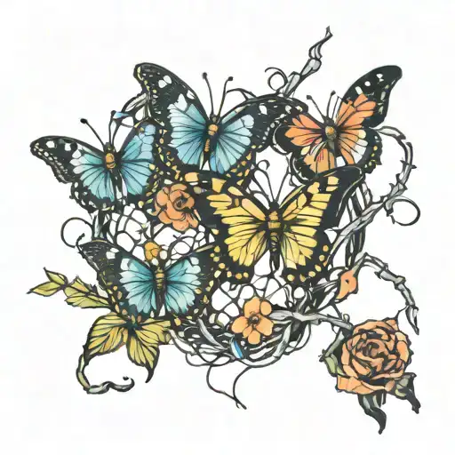 butterflies surronded by barbed  wire  tattoo design idea