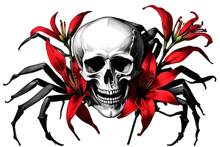 skulls intertwined with red spider lilies tattoo design idea