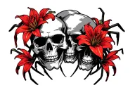 skulls intertwined with red spider lilies tattoo design idea