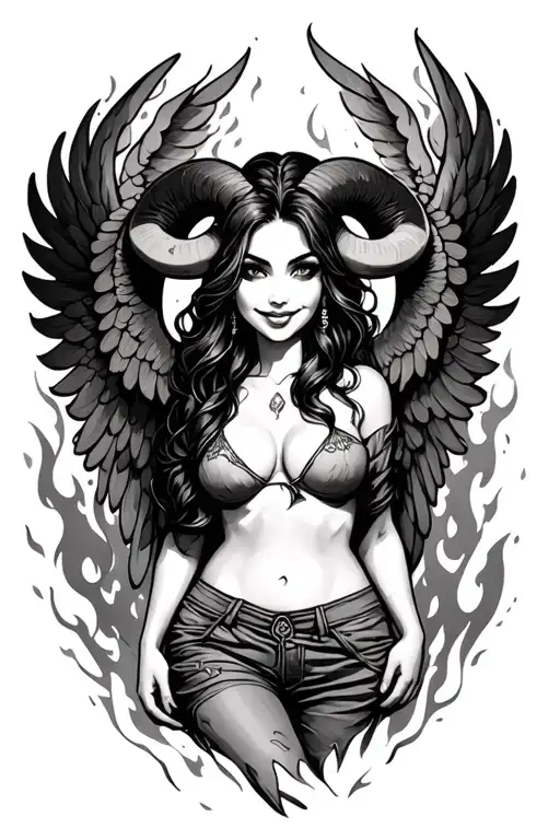 aries zodiac sign sexy smiling female wings fire surrounded tattoo design idea
