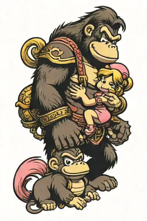 Donkey Kong holding Princess Peach engulfed tattoo design idea
