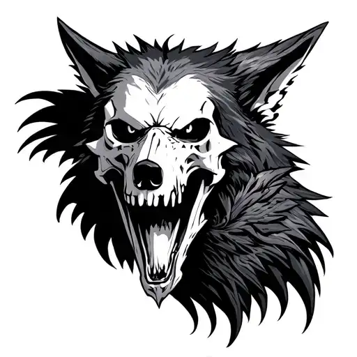 angry wolf and raven skull tattoo design idea