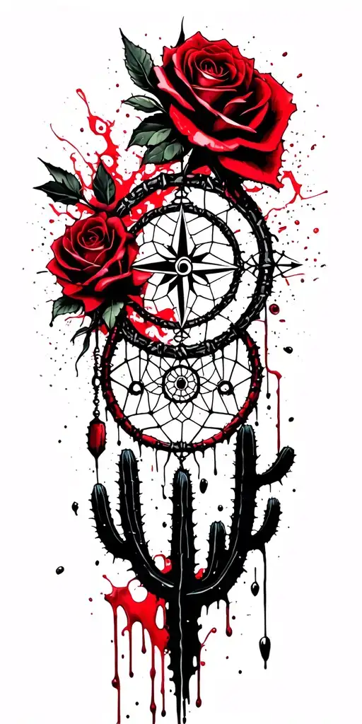 Metal, Southwest, Cactus, Dead Roses, Compass, Dreamcatcher tattoo design idea