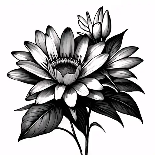 flower bouquet using a water lily, African daisy, yellow bell, nierembergia, and an Easter lily. tattoo design idea