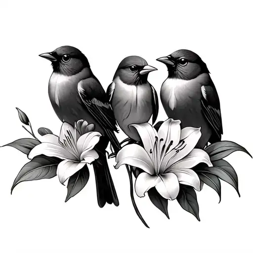 3 little birds with birth month flowers wrapped lily rose tulip tattoo design idea