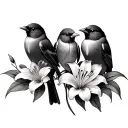 3 little birds with birth month flowers wrapped lily rose tulip tattoo design idea