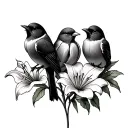 3 little birds with birth month flowers wrapped lily rose tulip tattoo design idea