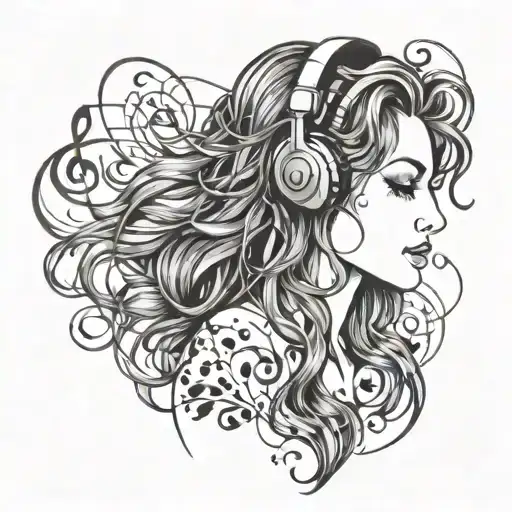 girl wearing headset, with music notes flowing hair made tattoo design idea