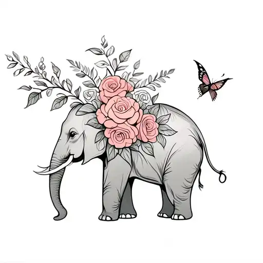 An elephant holding roses from its trunk, with a butterfly and hummingbird landing on the roses  tattoo design idea
