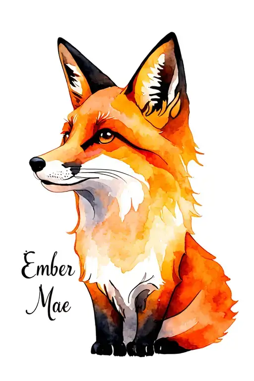 Fox sitting looking up with name 'Ember Mae' under it in fancy font tattoo design idea