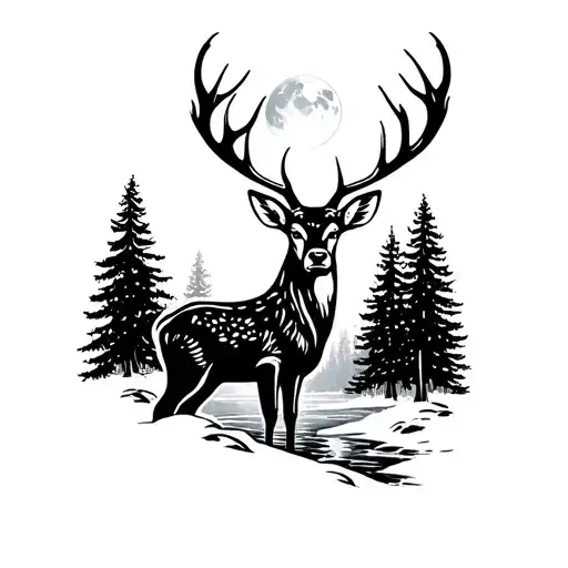Onen deer with the moon in it is a horn which and adessly of the fir forest, and a river that crosses the forest tattoo design idea