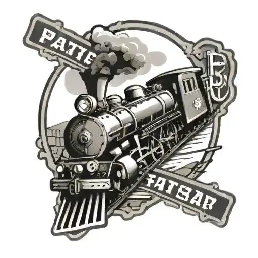 postage stamp with a train an street sign and flate stack tattoo design idea