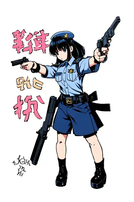 anime girl with black hair in police uniform points a gun at me standing sideways tattoo design idea