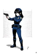anime girl with black hair in police uniform points a gun at me standing sideways tattoo design idea