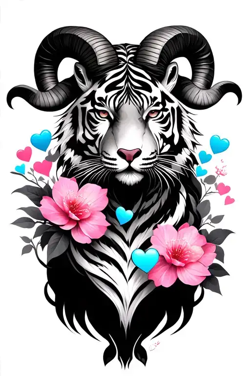 Aries ram godess,tiger,koi carp,8889,3 blue hearts, 2 pink hearts,cherry blossom, tattoo design idea