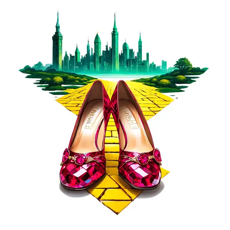 ruby shoes with emerald city in the background and yellow brick road tattoo design idea