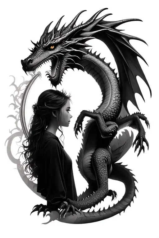 realistic dragon, fierce with wings, protecting a girl staring at her reflection, but the reflection is the dragon.. tattoo design idea