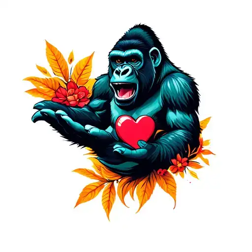 Gorilla extending her hand with a heart colors tattoo design idea